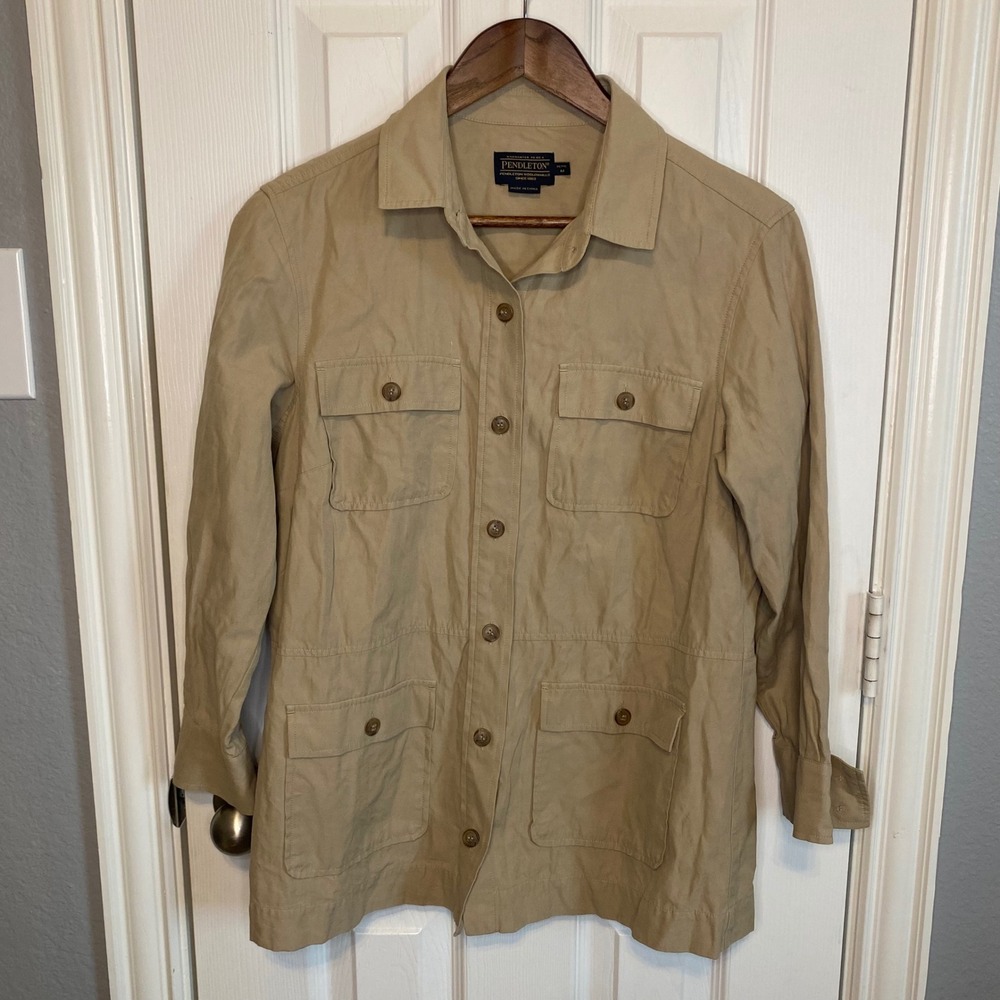 Pendleton Silk Cotton Button Front Top Tan Utility Women's Petite Medium
